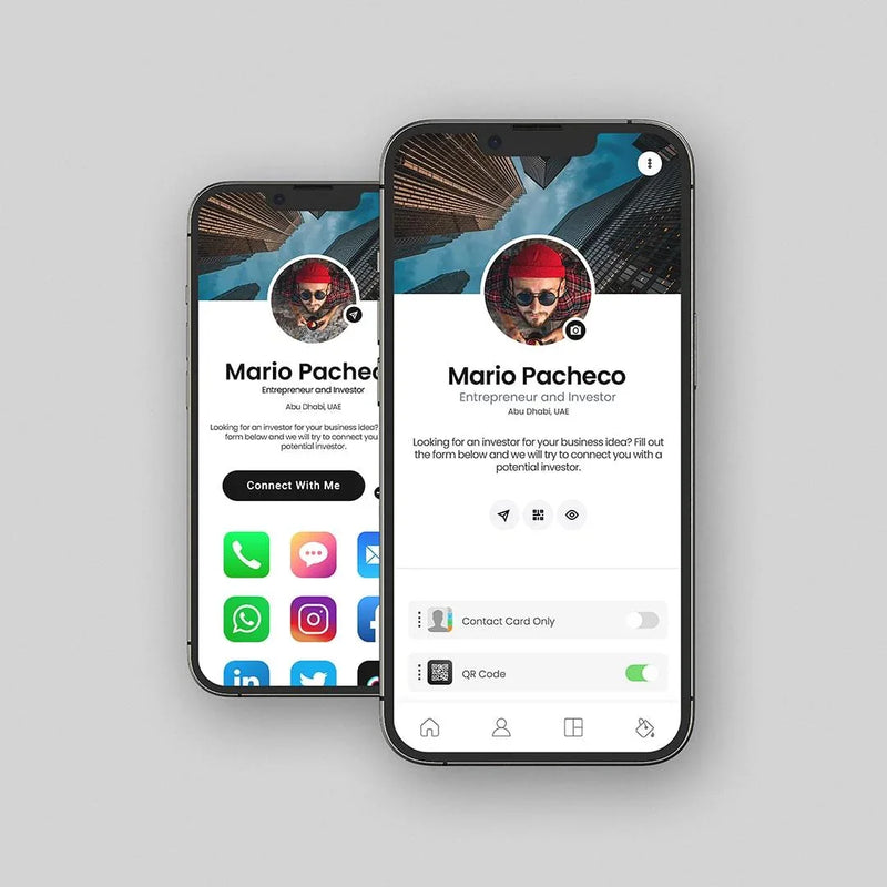 Digital business card app for entrepreneurs in Abu Dhabi, UAE with QR code and social media links