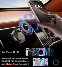 Magnetic car phone mount for iPhone 12-16, includes metal ring for older models & Android, wireless charging compatible