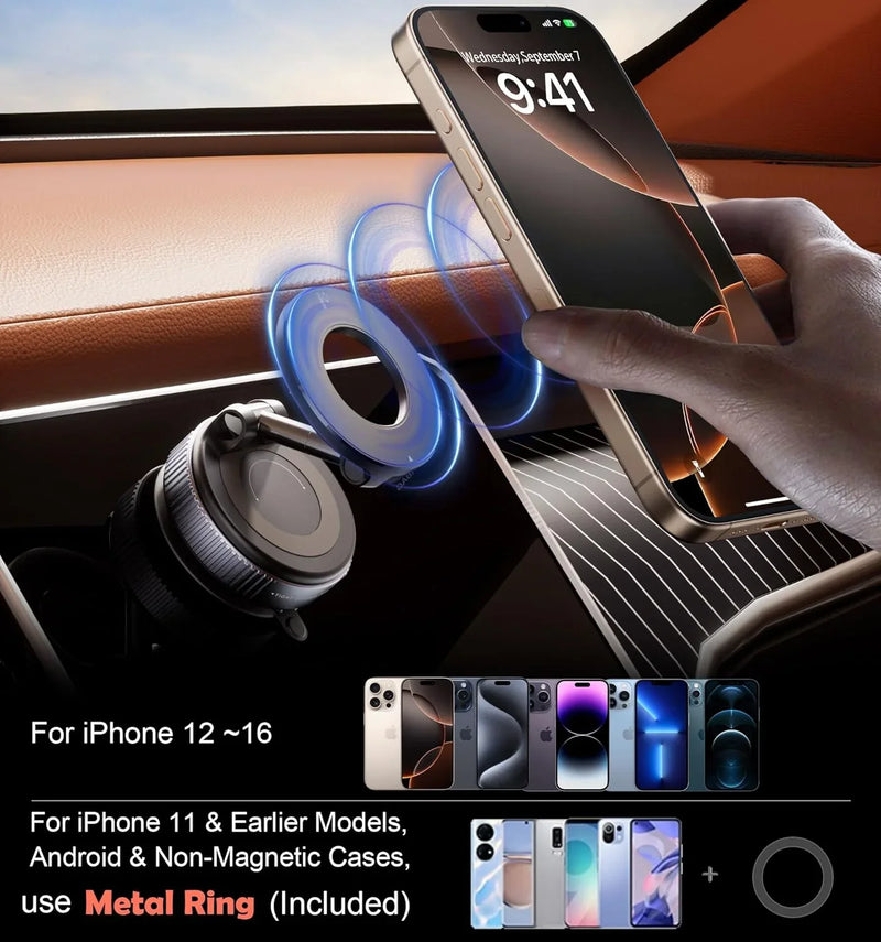 Magnetic car phone mount for iPhone 12-16, includes metal ring for older models & Android, wireless charging compatible