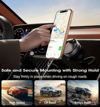 Car phone mount holding smartphone with navigation map, secure grip for high speed, off road, bumpy driving