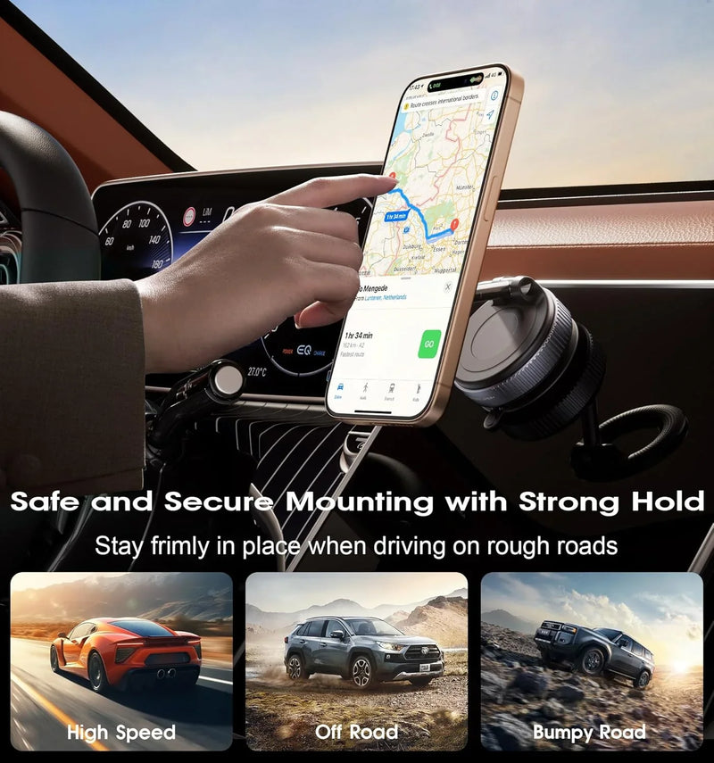 Car phone mount holding smartphone with navigation map, secure grip for high speed, off road, bumpy driving