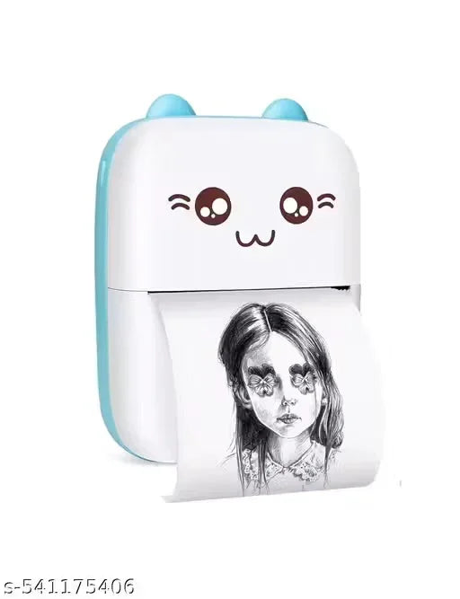 Cute portable photo printer with cat face design printing sketch portrait, ideal for kids and creative projects