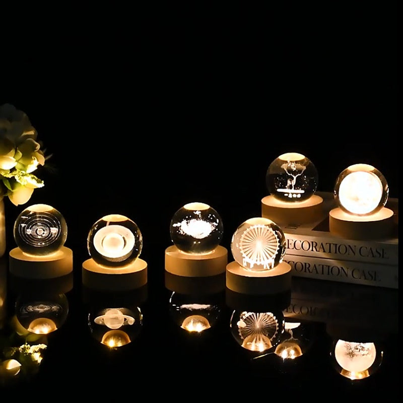 3D Luminous Crystal Ball Night Light | Laser Engraved Projection Ambience Lamp