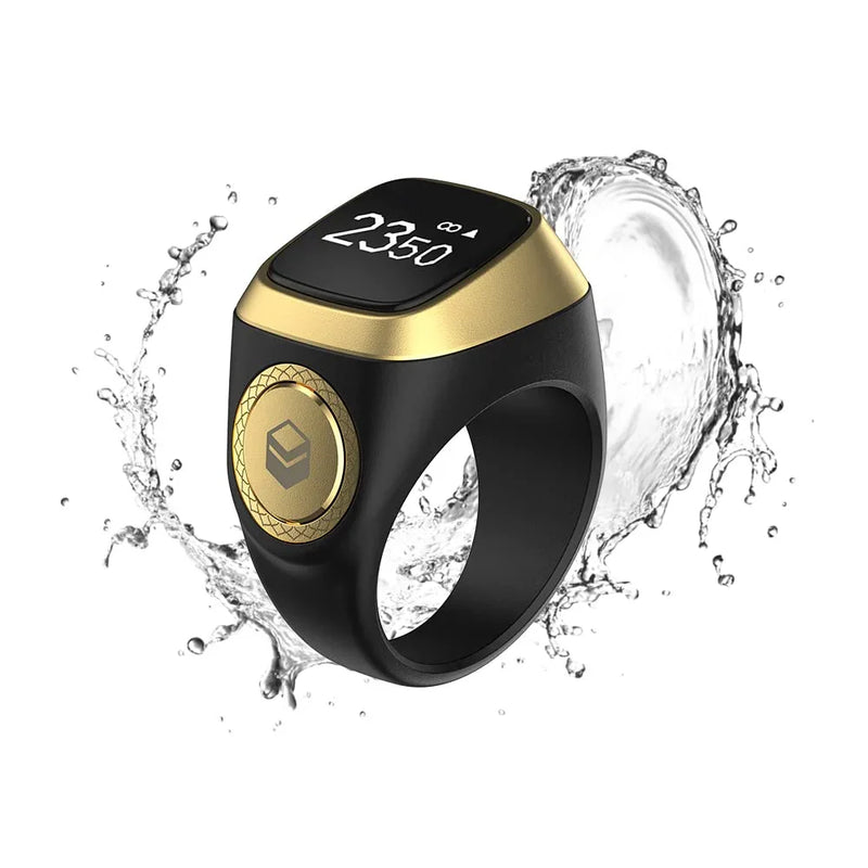 Smart fitness ring with step counter, waterproof design, black and gold wearable tracker