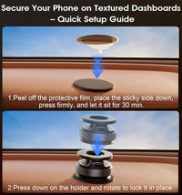Phone mount setup guide for textured dashboards, secure phone holder installation steps