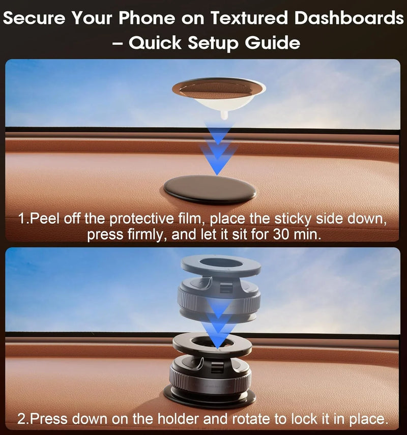 Phone mount setup guide for textured dashboards, secure phone holder installation steps