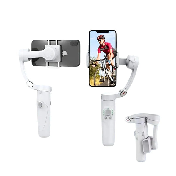 White smartphone gimbal stabilizer for smooth video recording, shown with phone displaying cyclist footage