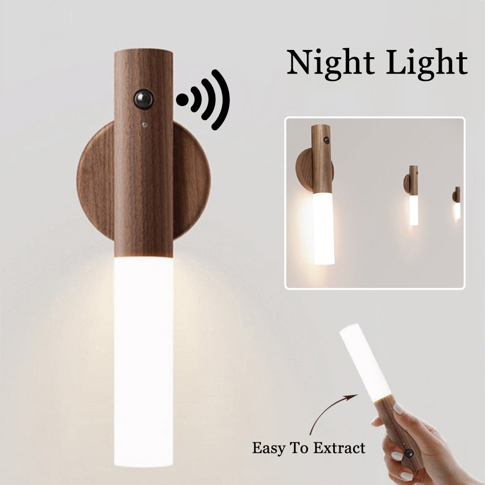 Magnetic Wooden Wireless LED Night Light | USB Rechargeable Motion Sensor Wall Lamp