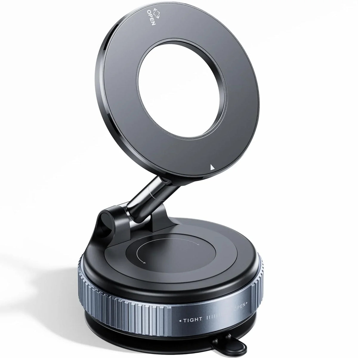 Black adjustable ring light with suction base for makeup or streaming, featuring brightness control