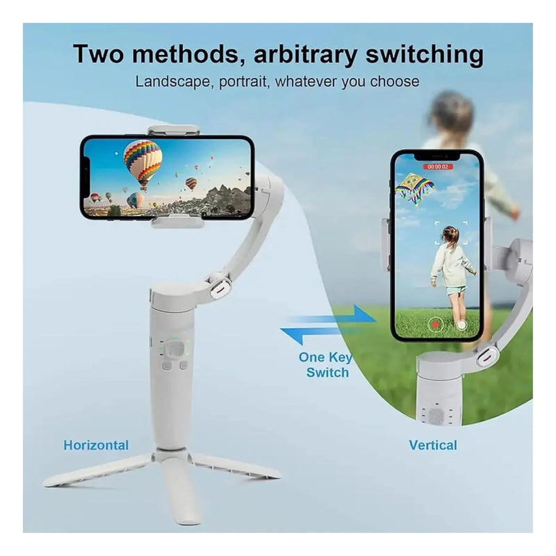 White phone gimbal with one-key switch between horizontal and vertical modes for landscape or portrait video