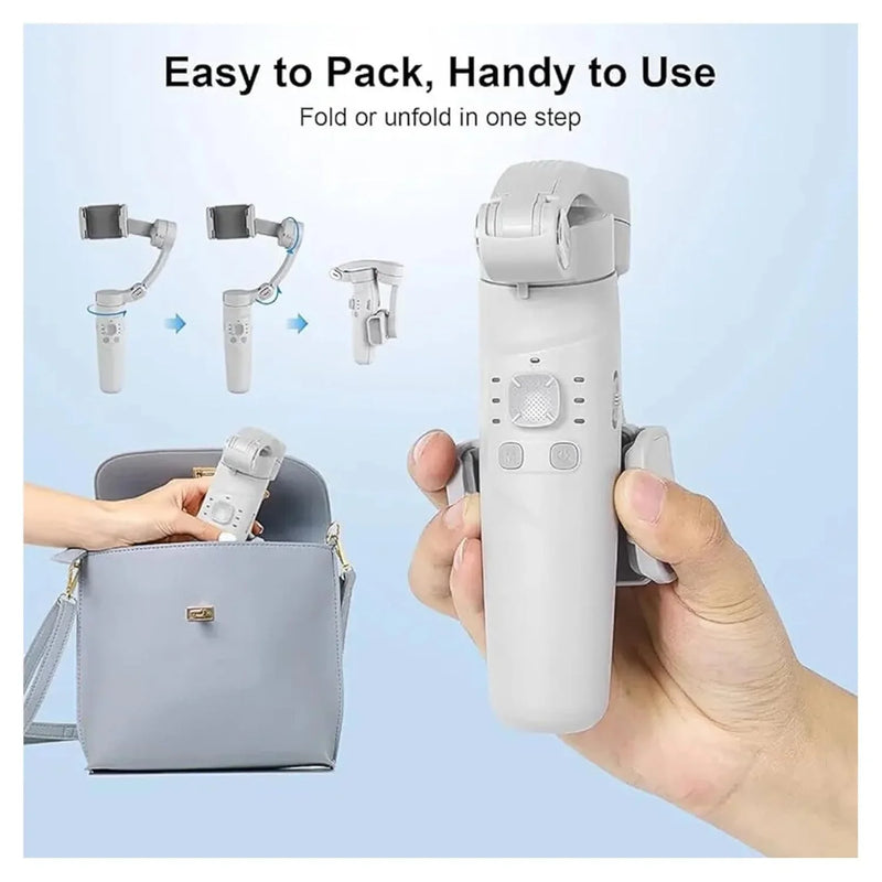 Compact foldable phone gimbal stabilizer, easy to pack and use, fits in handbag for portable video recording