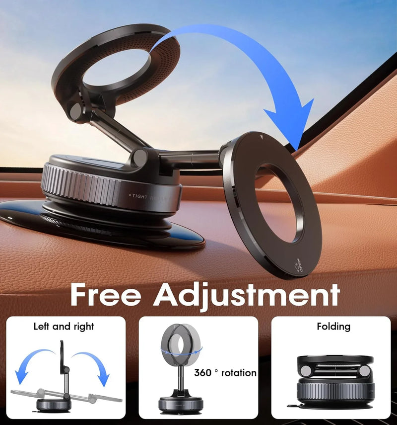 Adjustable car phone holder with 360° rotation, folding design, and free adjustment for dashboard use
