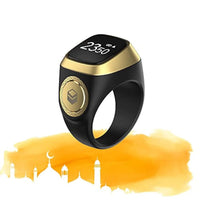 Smart Islamic prayer time ring with digital display and mosque silhouette background