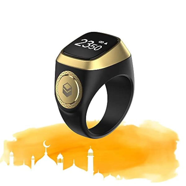 Smart Islamic prayer time ring with digital display and mosque silhouette background