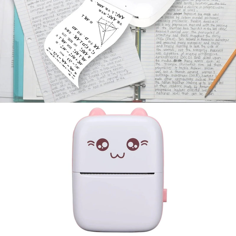 Cute cat-faced portable mini printer for notes and math equations, perfect for students and office use