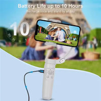 White phone gimbal with 10-hour battery life, recording couple at Eiffel Tower, USB-C charging