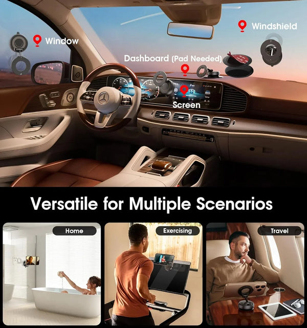 Versatile car phone mount for windshield, window, dashboard & screen; ideal for home, exercise, travel use