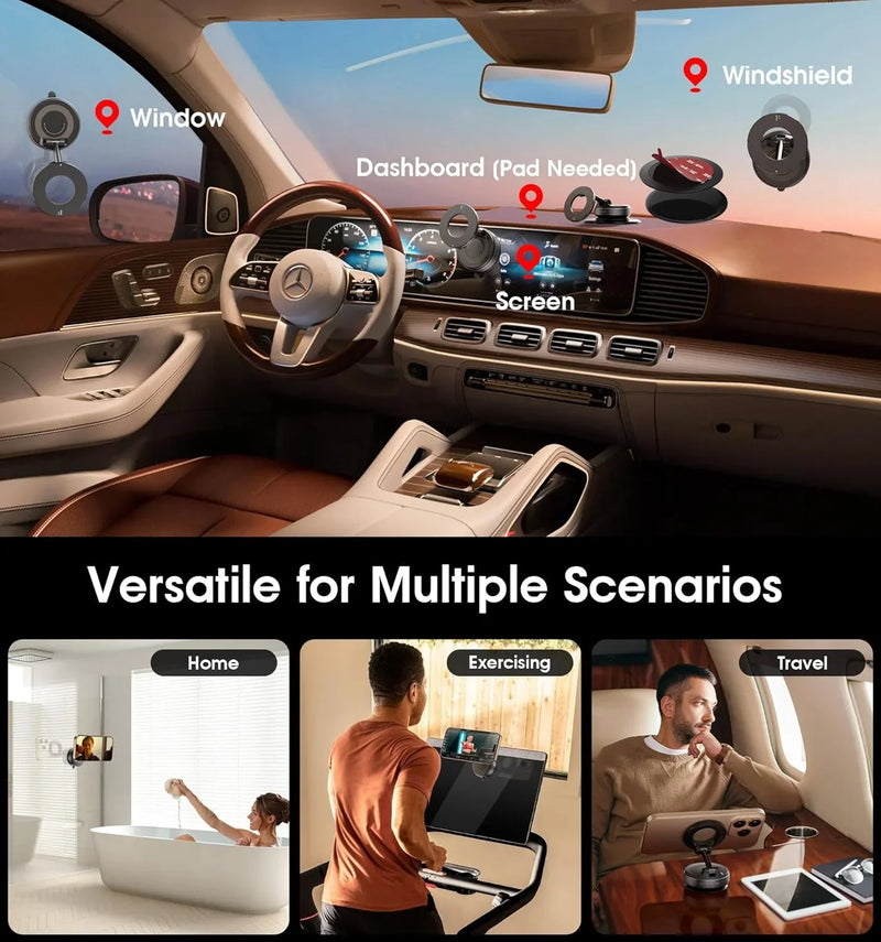 Versatile car phone mount for windshield, window, dashboard & screen; ideal for home, exercise, travel use