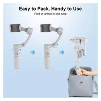 Compact phone gimbal folds in one step, fits in handbag for easy portability and travel use