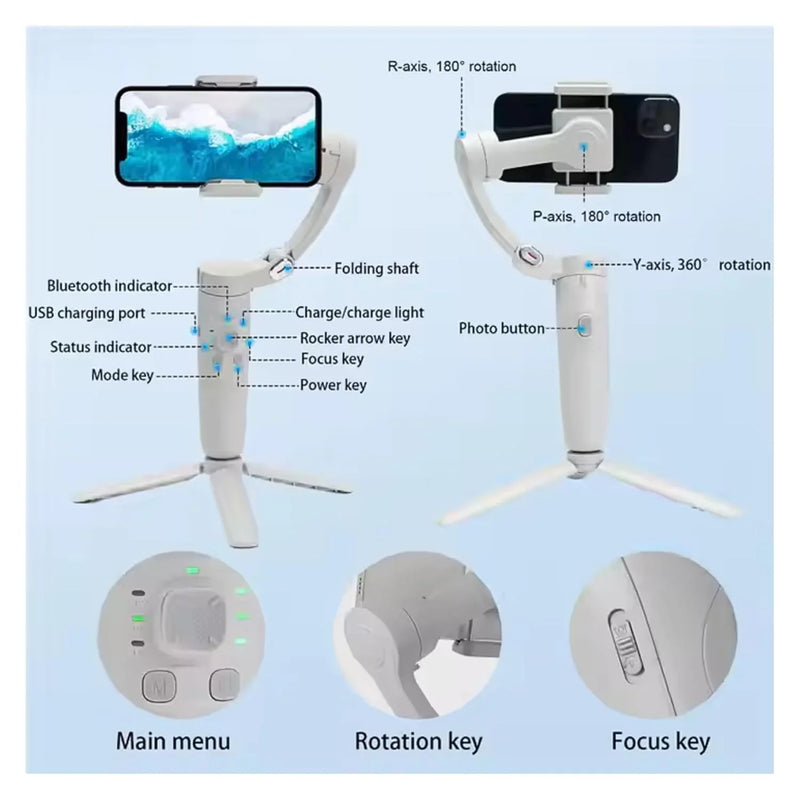 White smartphone gimbal with 3-axis stabilization, foldable design, and control buttons for smooth video recording