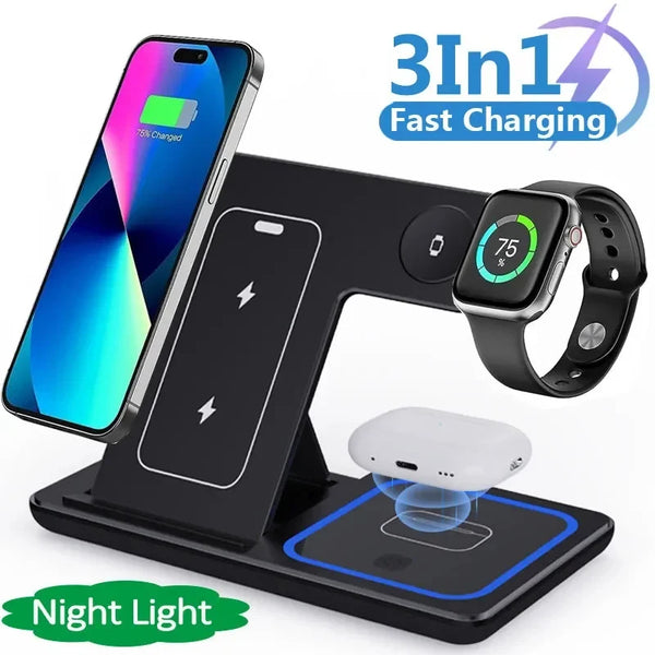 3-in-1 Foldable Fast Wireless Charger Stand | 15W LED Desk Charging Station