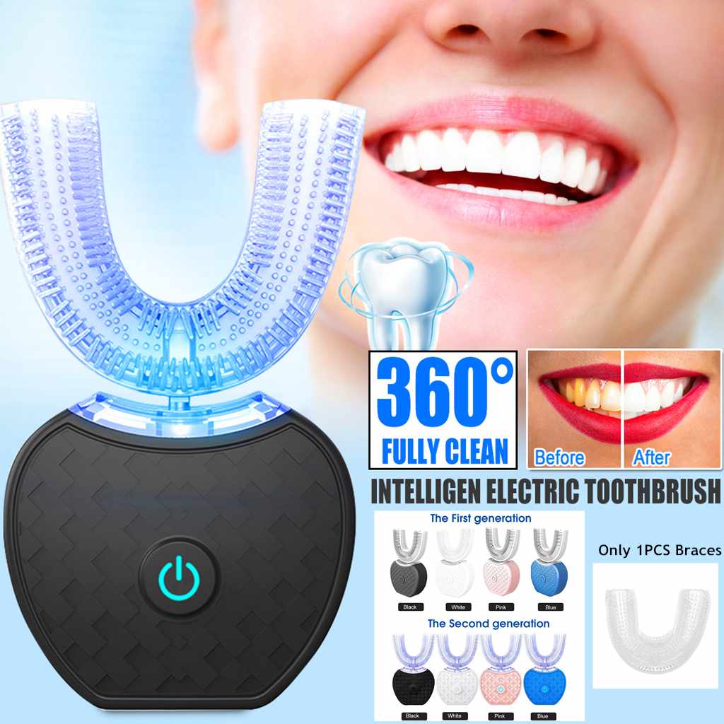 فرشاة أسنان كهربائية أوتوماتيكية ذكية 360 درجة مقاومة للماء على شكل حرف U للتبييض بالضوء الأزرق وشحن USB